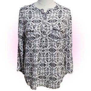 SUPERFLY BLACK & WHITE INSECT PRINT BLOUSE TOP EUC L XL